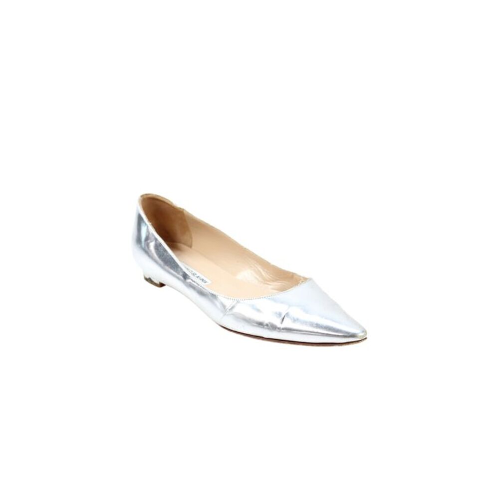 Manolo Blahnik Womens Leather Pointed Toe Slip On Flats Shoes Silver Sz 9.5